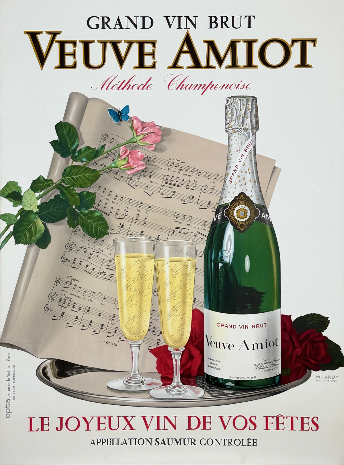 Veuve Amiot Champagne Grand Vin Brut Poster By M. Hardy Original 1930 Vintage French Stone Lithograph Winery Advertisement Linen Backed.