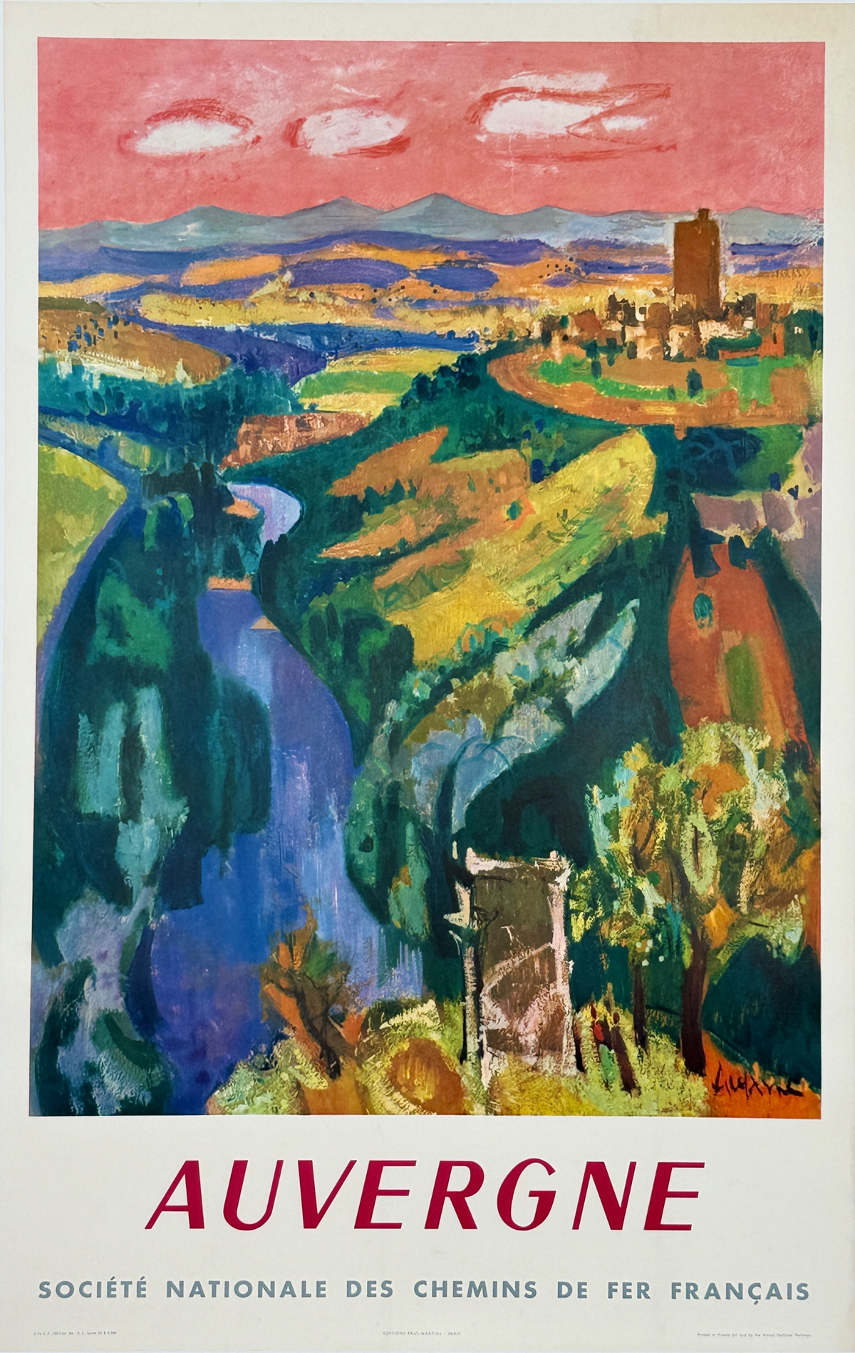 Auvergne SNCF Railways Poster By Jean Aujame Original 1959 Vintage French Lithograph Passenger Train Travel Advertisement Linen Backed.