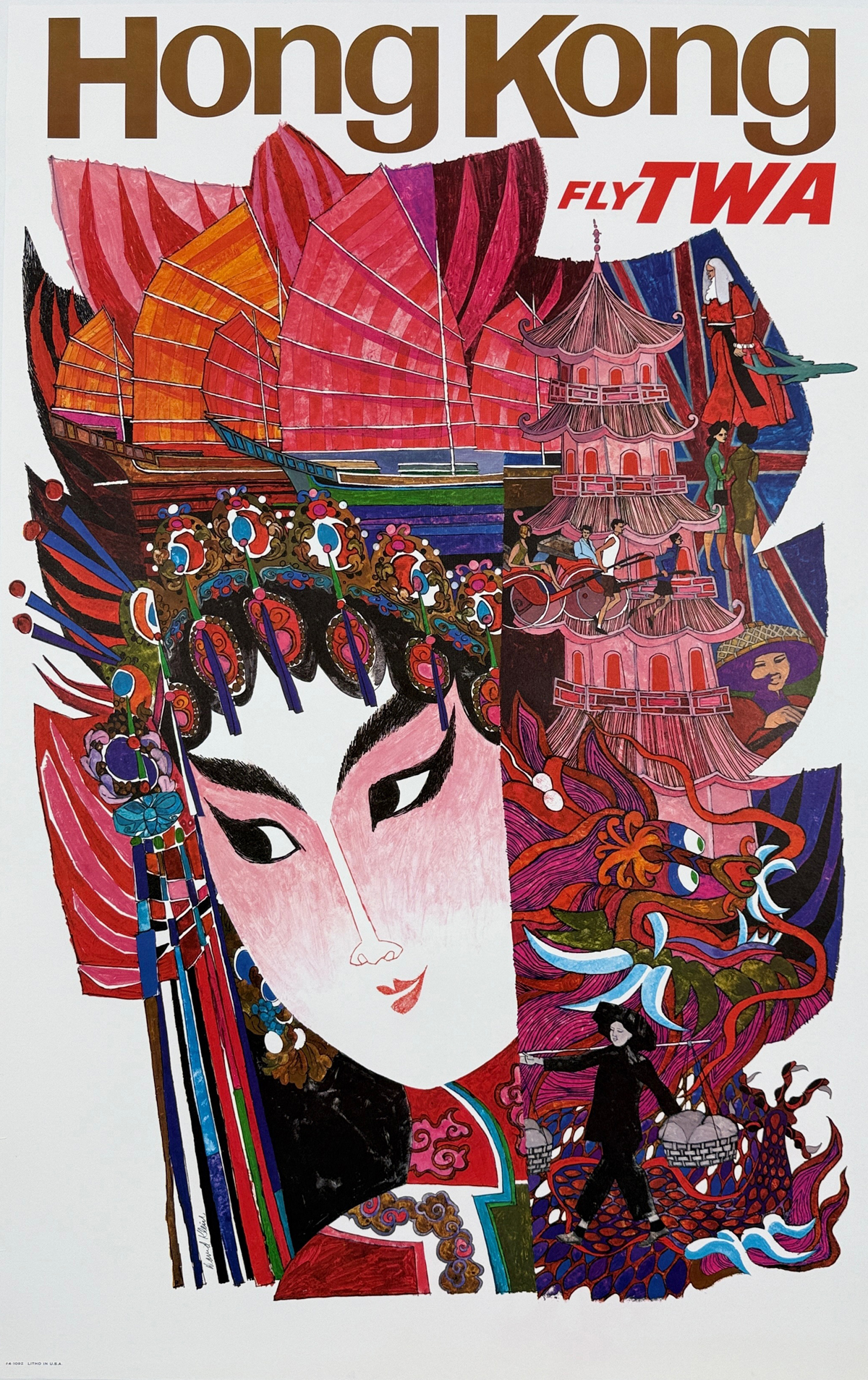 Fly TWA Hong Kong Poster By David Klein Original 1960 USA Airline Travel Lithograph Advertisement Linen Backed.