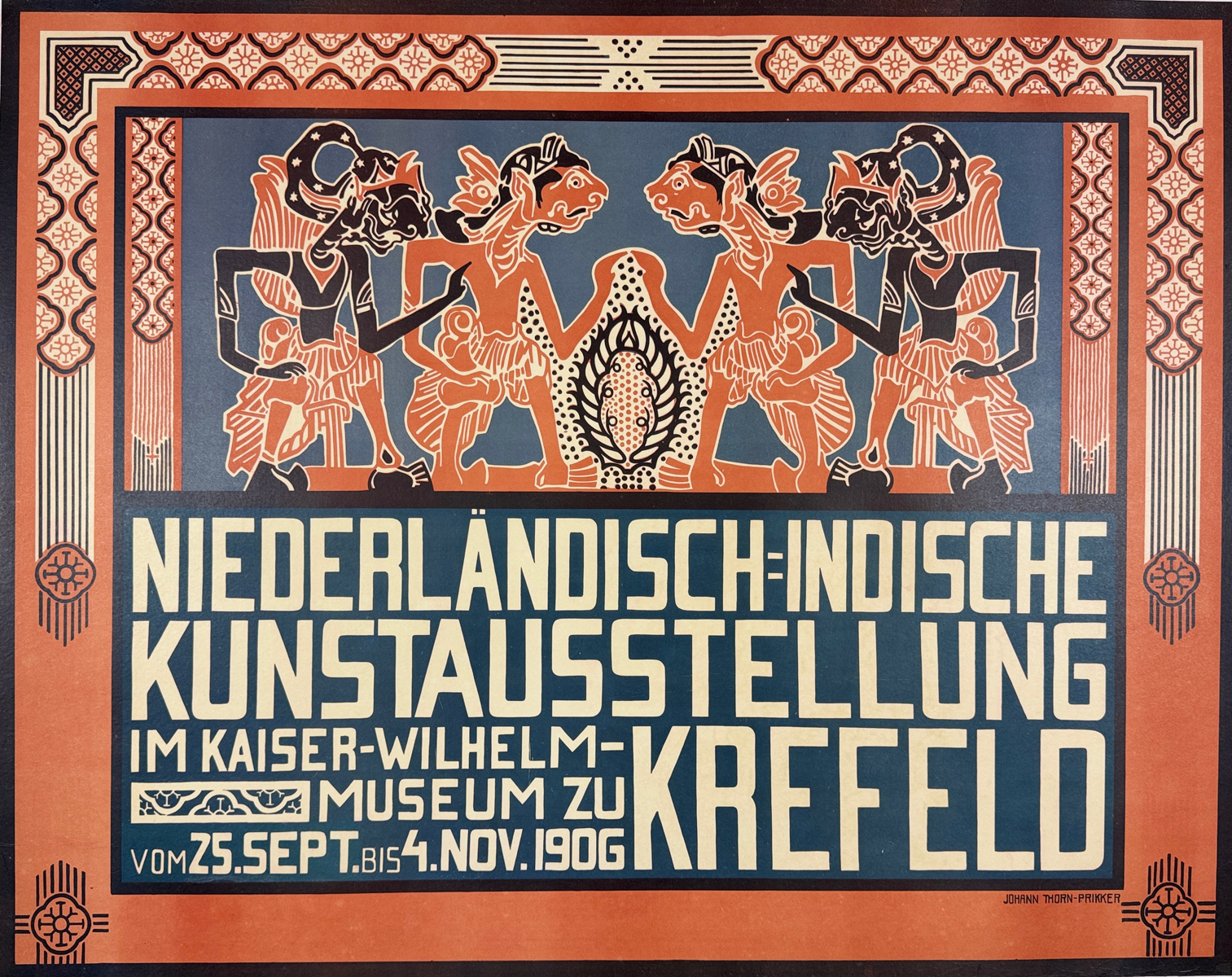 Niederlandisch Indische Kunstausstellung Krefeld Poster By Johan Thorn-Pikker Original 1906 German Museum Exhibition Stone Lithograph Advertisement Linen Backed. Dutch East Indies Art Exhibition