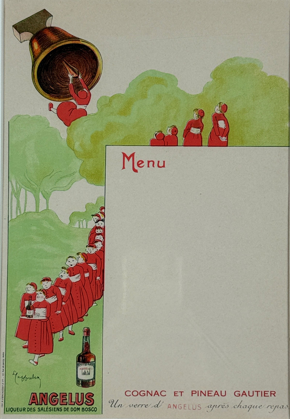 Liqueur Angelus Menu By Leonetto Cappiello Original 1908 Vintage French Brasserie Wine List Stone Lithograph Advertisement.