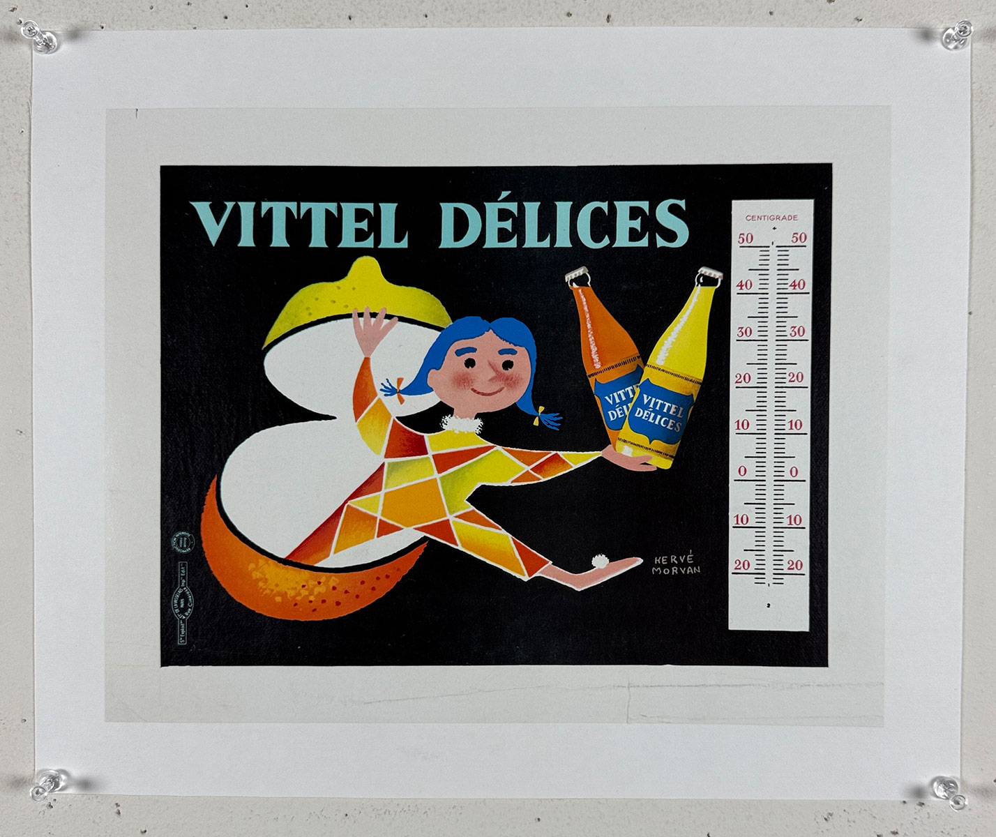 Vitell Delices Poster by Herve Movan Original 1955 Vintage French Bottled Soda Company Advertisement Linen Backed.