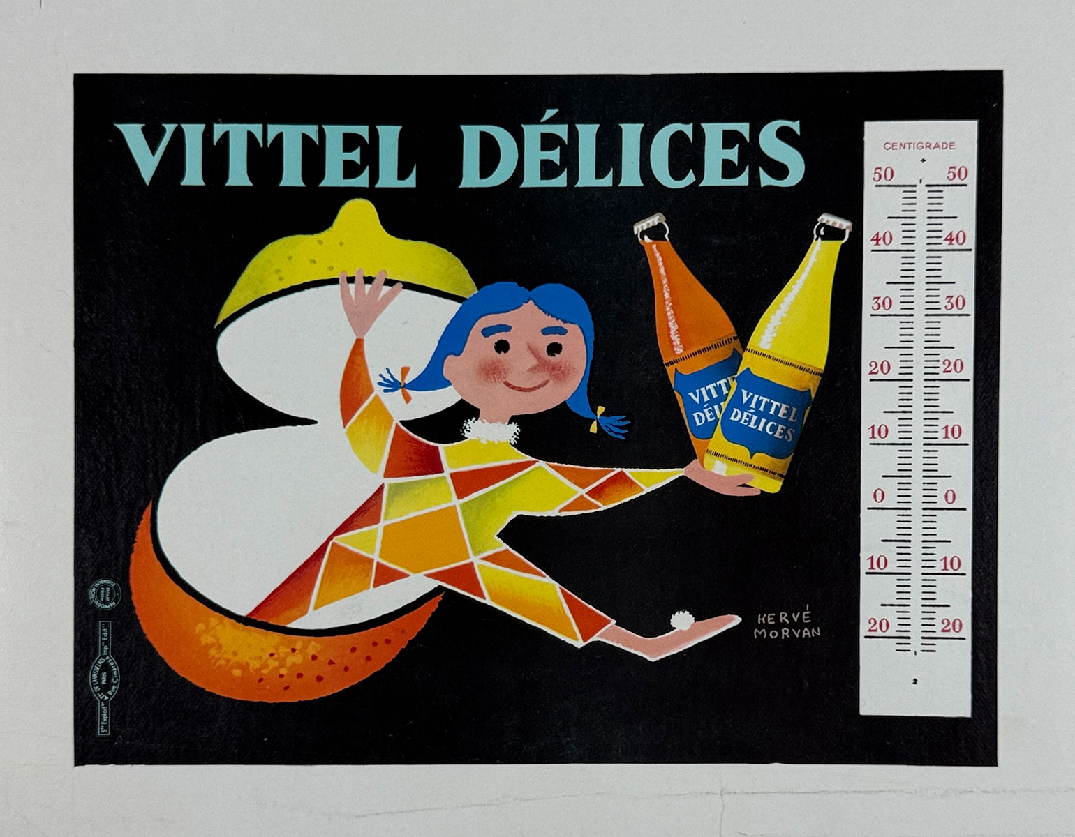 Vitell Delices Poster by Herve Movan Original 1955 Vintage French Bottled Soda Company Advertisement Linen Backed.