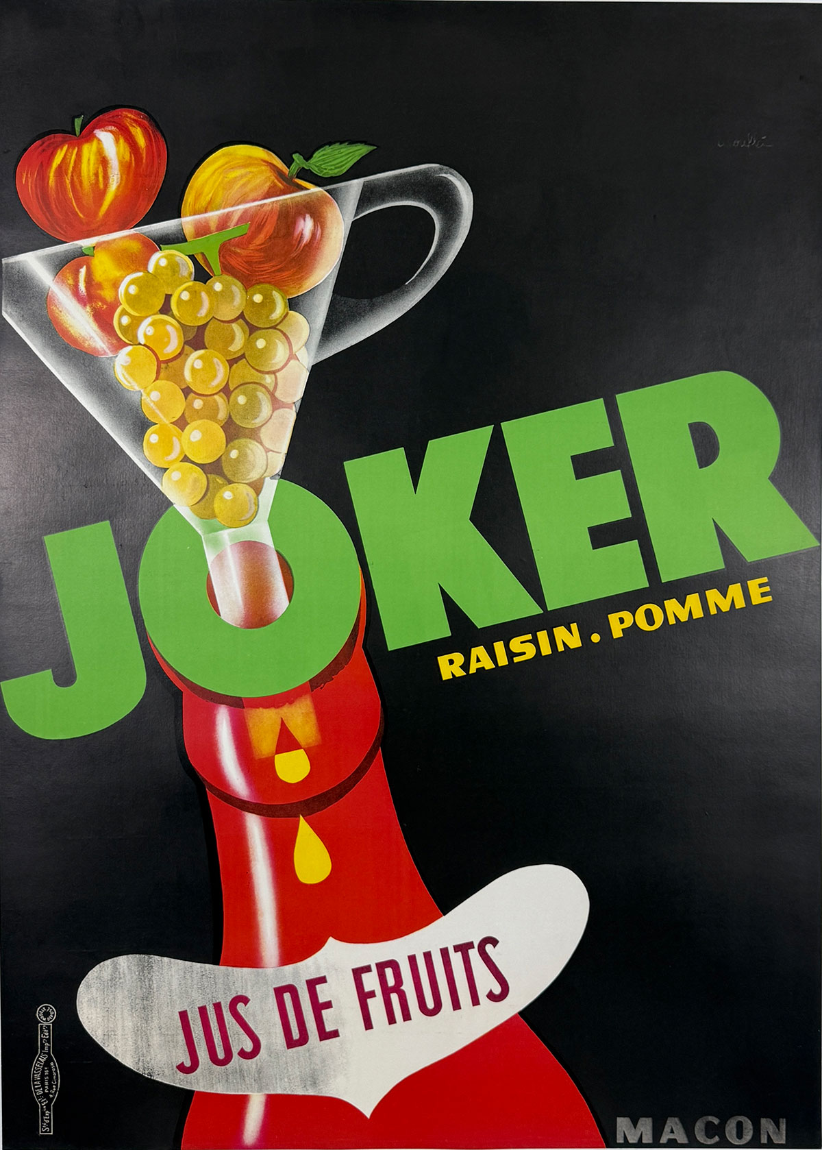Joker Jus De Fruits Poster By Alain Tirouflet Original 1960 Vintage French Juice Drink Company Lithograph Advertisement Linen Backed.
