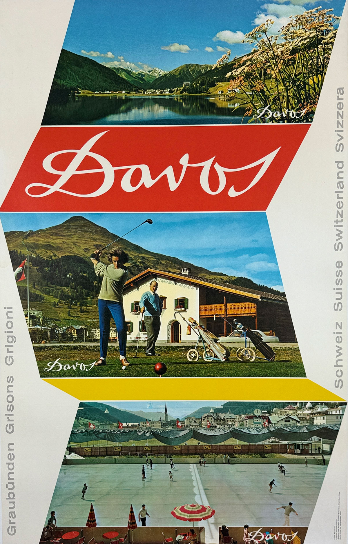 Davos Switzerland Golf/Ice Skating Poster Photo By Wolfgang Hausamann Original 1962 Vintage Swiss Tourism Lithograph Advertisement Linen Backed.