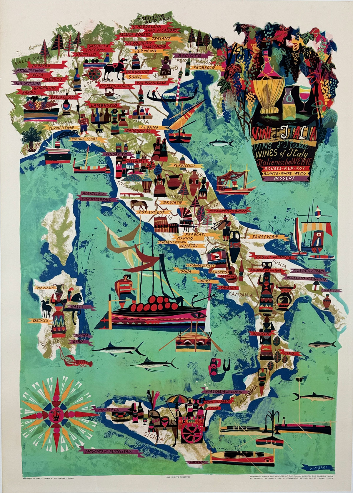 Vini d'Italia (Wines of Italy) Poster By Nicola Simbari Original 1957 Vintage Italian Regional Map Lithograph Advertisement Linen Backed.