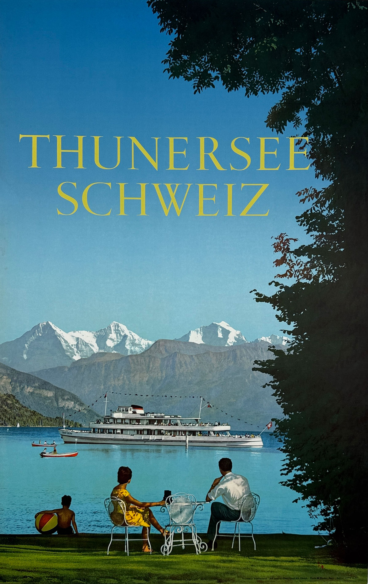 Thunersee Schweiz Poster By Walter Studer Original 1945 Vintage Swiss Lake Thun Travel Photo Lithograph Adverisement Linen Backed.