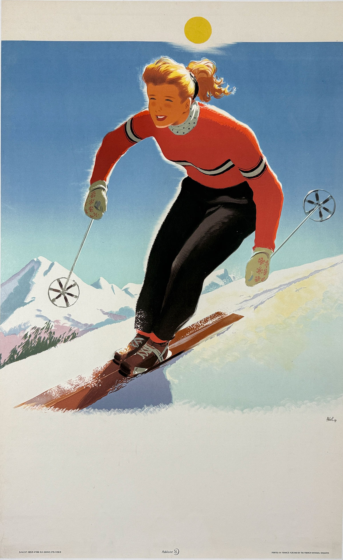Go Skiing There By SNCF Train Poster By Abel Original 1953 Vintage French Railroad Travel Stone Lithograph Advertisement Linen Backed. Rare Proof Before Letters