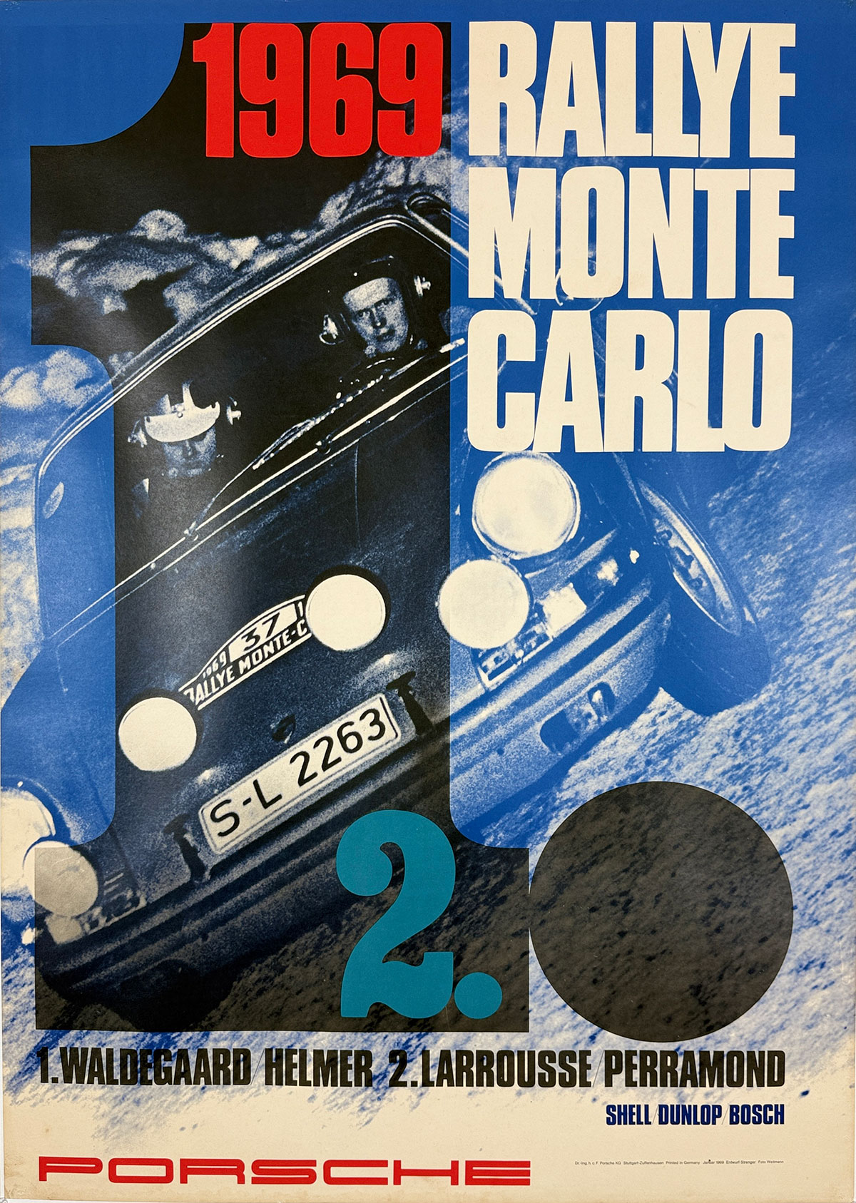 Porsche Rallye Monte Carlo 1969 Poster - Photograph By Julius Weitmann. Original Vintage German Factory Promotion By Strenger Designs Lithograph Advertisement Linen Backed.