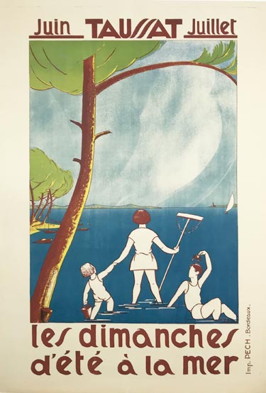 French 1930 original travel poster by A. Digues Taussat Les Dimanches d ete a la mer