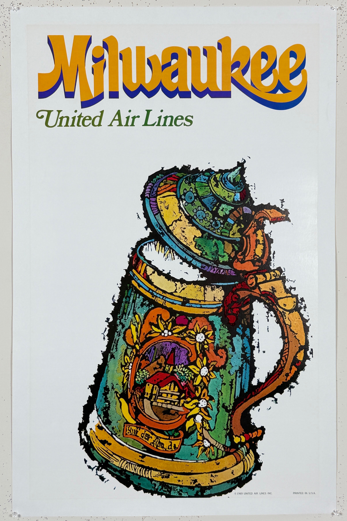 Milwaukee United Airlines Poster By James Jebavy Original 1969 Vintage American Lithograph Passenger Plane Service Advertisement Linen Backed.