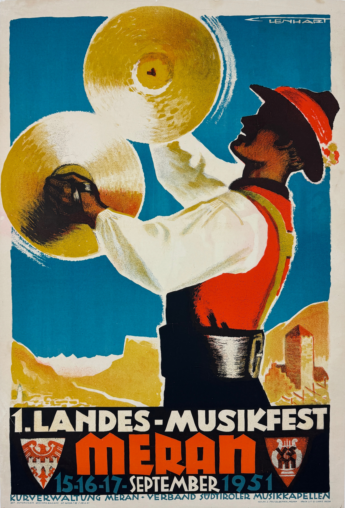 Merano Musikfest Poster (German Version) by Franz Lenhart Original 1951 Vintage Italian Stone Lithograph Advertisement Linen Backed.