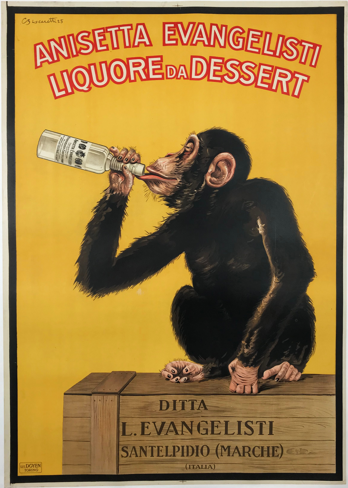 Anisetta Evangelisti drunk monkey original vintage poster from 1925 by Biscaretti. Italian wine and spirits poster features a monkey on a crate drinking from a bottle on a yellow background.