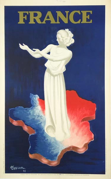France Leonetto Cappiello original vintage poster from 1937. Great art deco image with statue of woman in white standing on map of France.