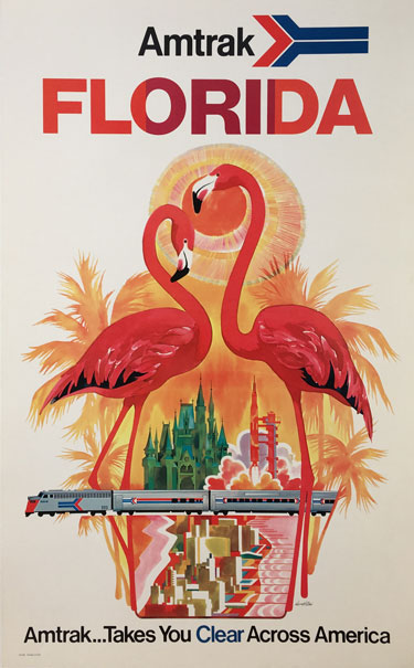 Florida Amtrak original vintage travel poster from 1970 by David Klein. American railroads lithographic advertisement.