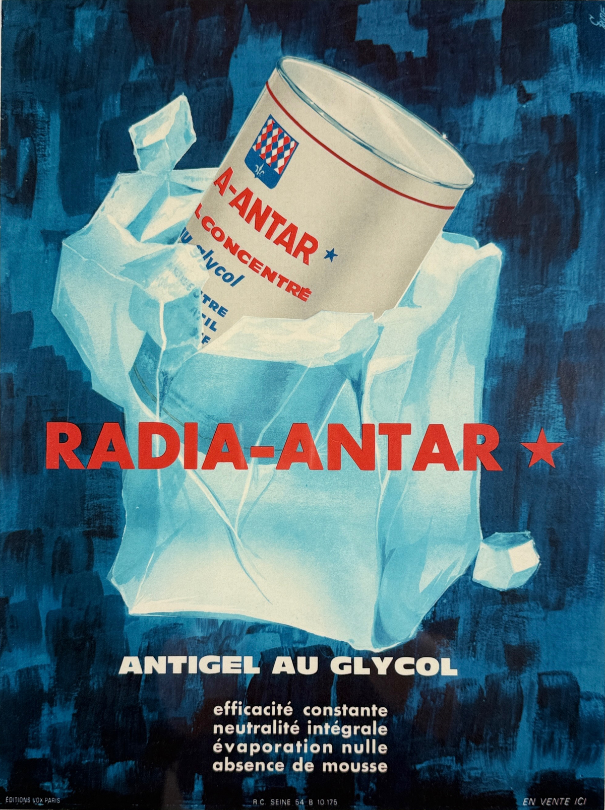 Radia - Antar Car Fluid Poster Original 1950's Vintage French Automotive Company Lithograph Advertisement Linen Backed.