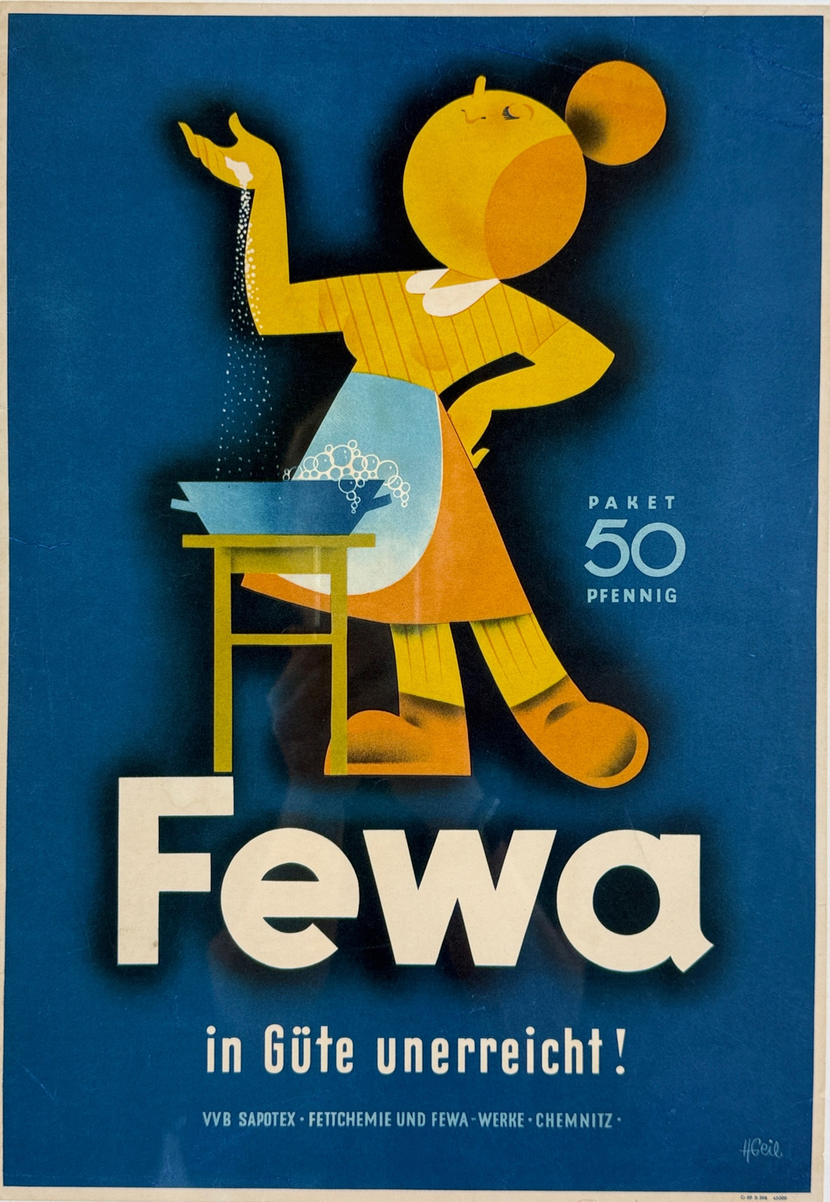 Fewa Soap Poster By H. Geil Original 1950 Vintage German Cleaner Company Lithograph Advertisement Linen Backed.