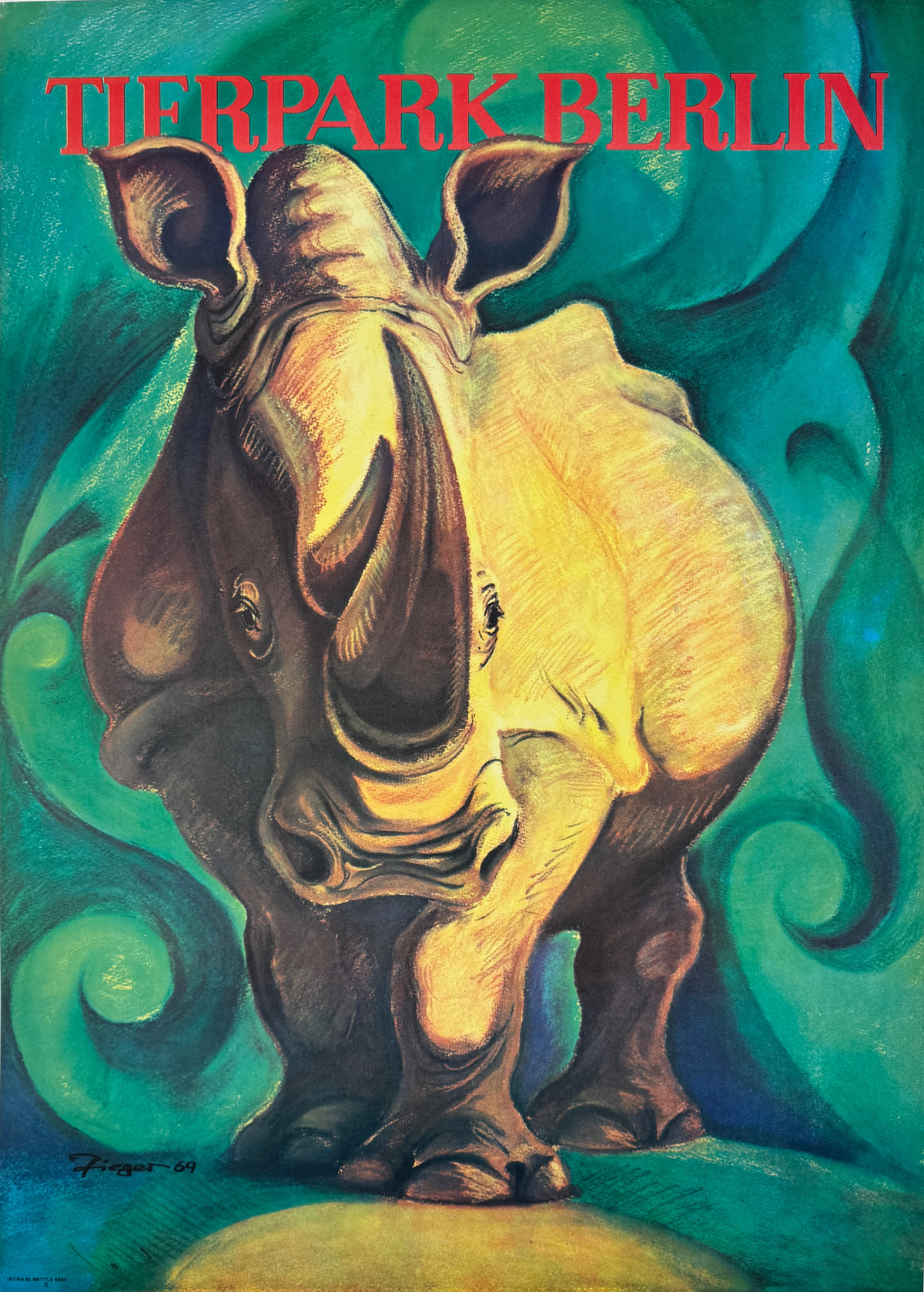 Tierpark Zoo Berlin Rhino Poster by Reiner Zieger Original 1969 Vintage  German Animal Preserve  Advertisement Linen Backed.
