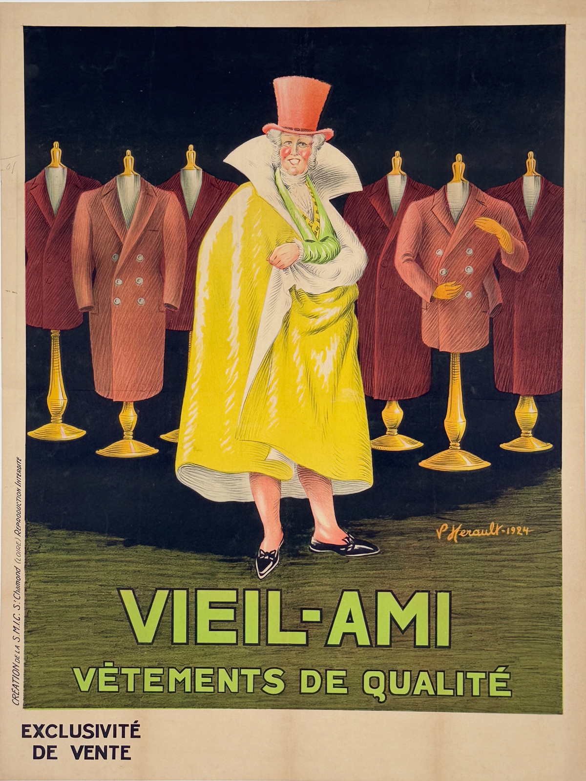 Vieil Ami Vetements De Qualite Poster by P. Herault Original 1924 Vintage French  Clothing Company Stone Lithograph Advertisement Linen Backed.