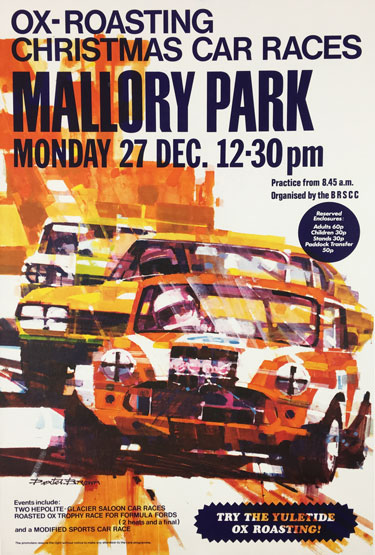 Mallory Park Ox Roasting Christmas Car Race original vintage poster by Dexter Brown from 1970s USA.