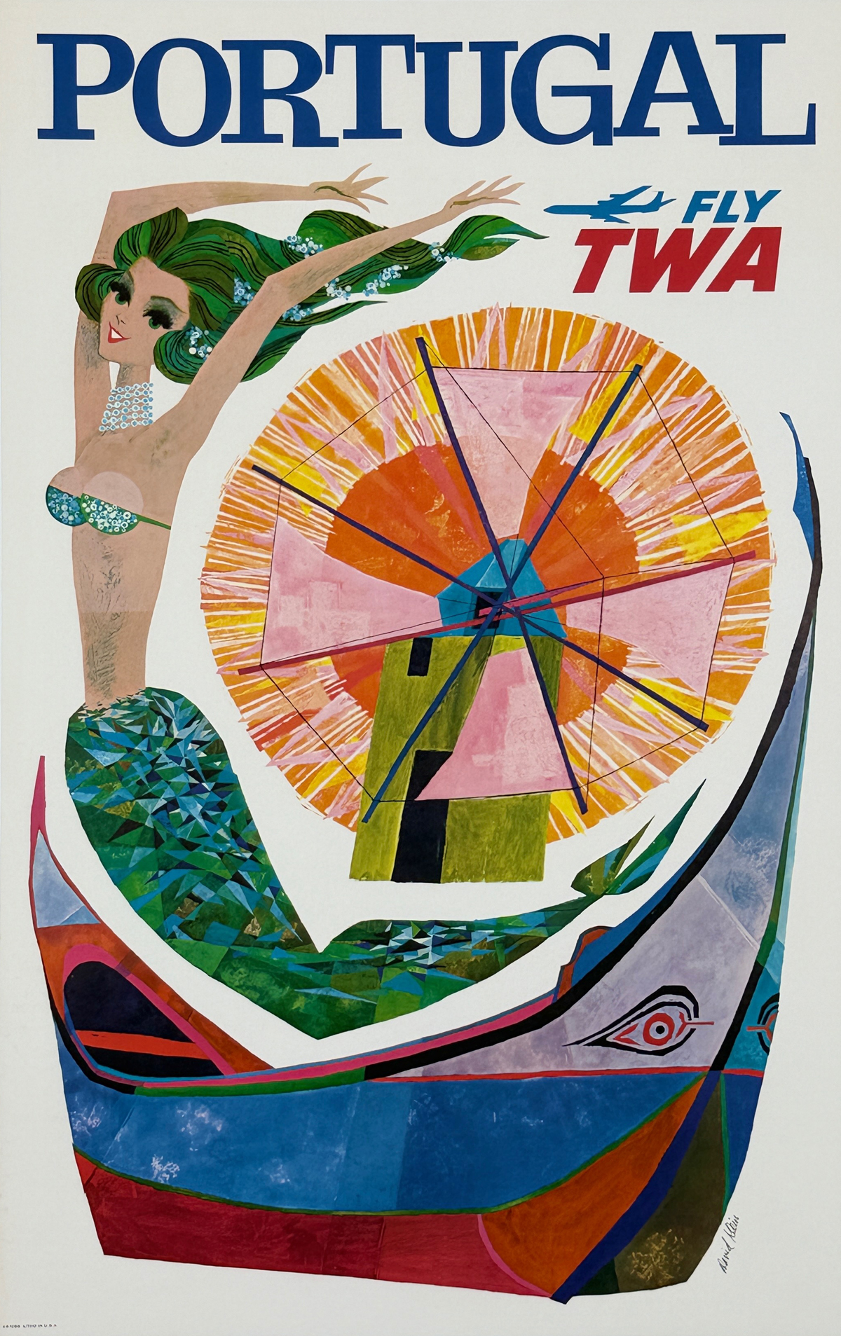 Fly TWA Portugal Poster By David Klein Original 1960 Vintage USA Plane Travel Lithograph Advertisement Linen Backed.