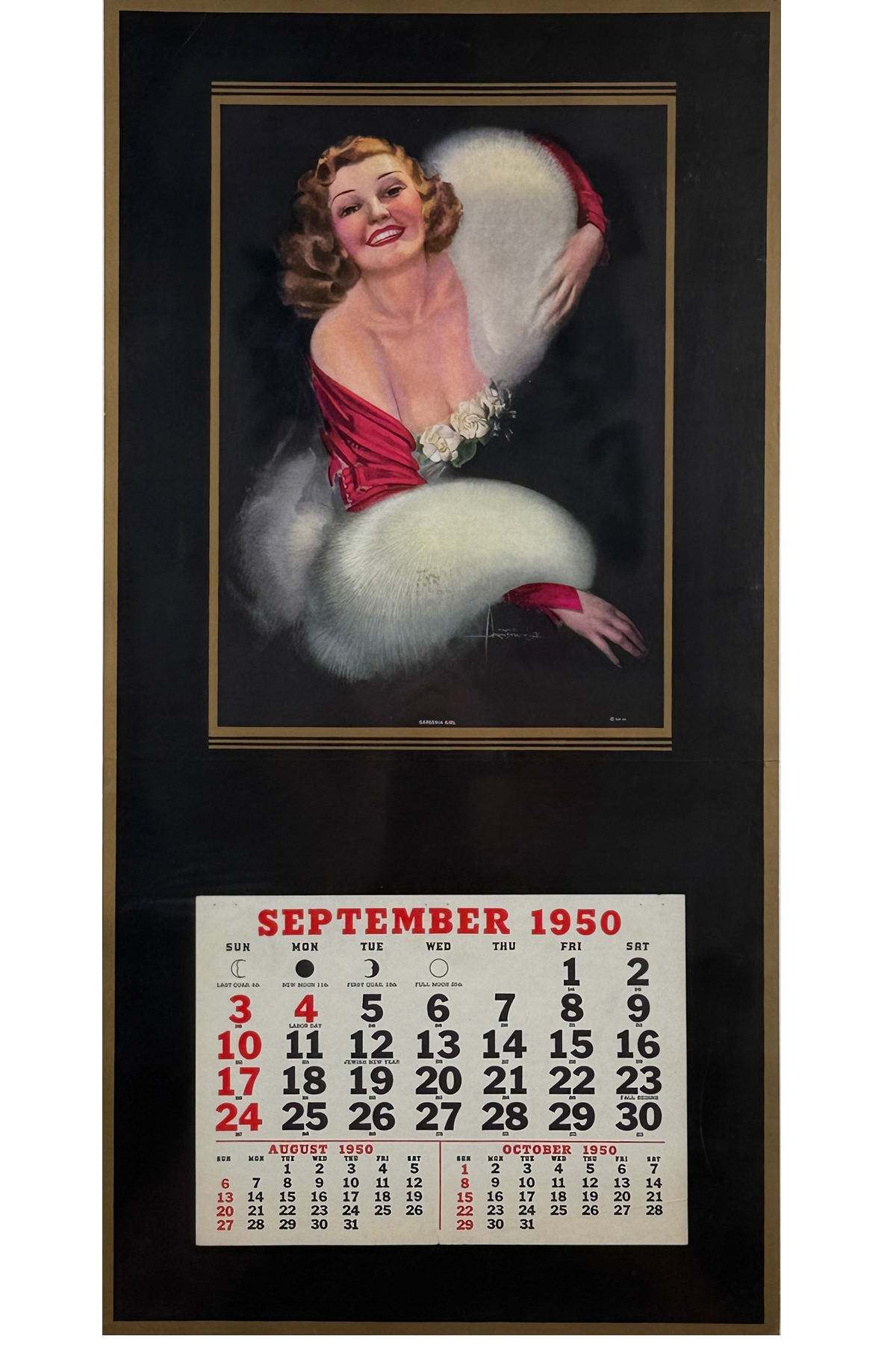 Gardenia Girl Pin Up Calendar By Rolf Armstrong Original 1950 Vintage USA Lithograph Linen Backed.