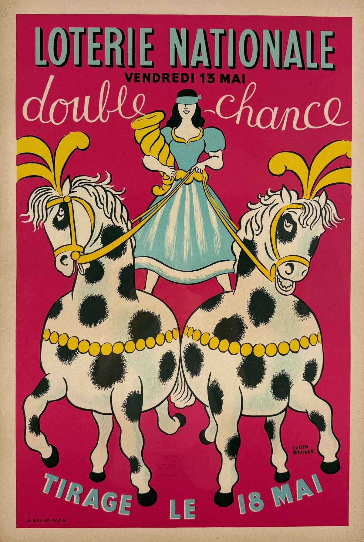 Loterie Nationale Double Chance Poster By Lucien Boucher Original 1955 Vintage French National Lottery Stone Lithograph Advertisement Linen Backed.