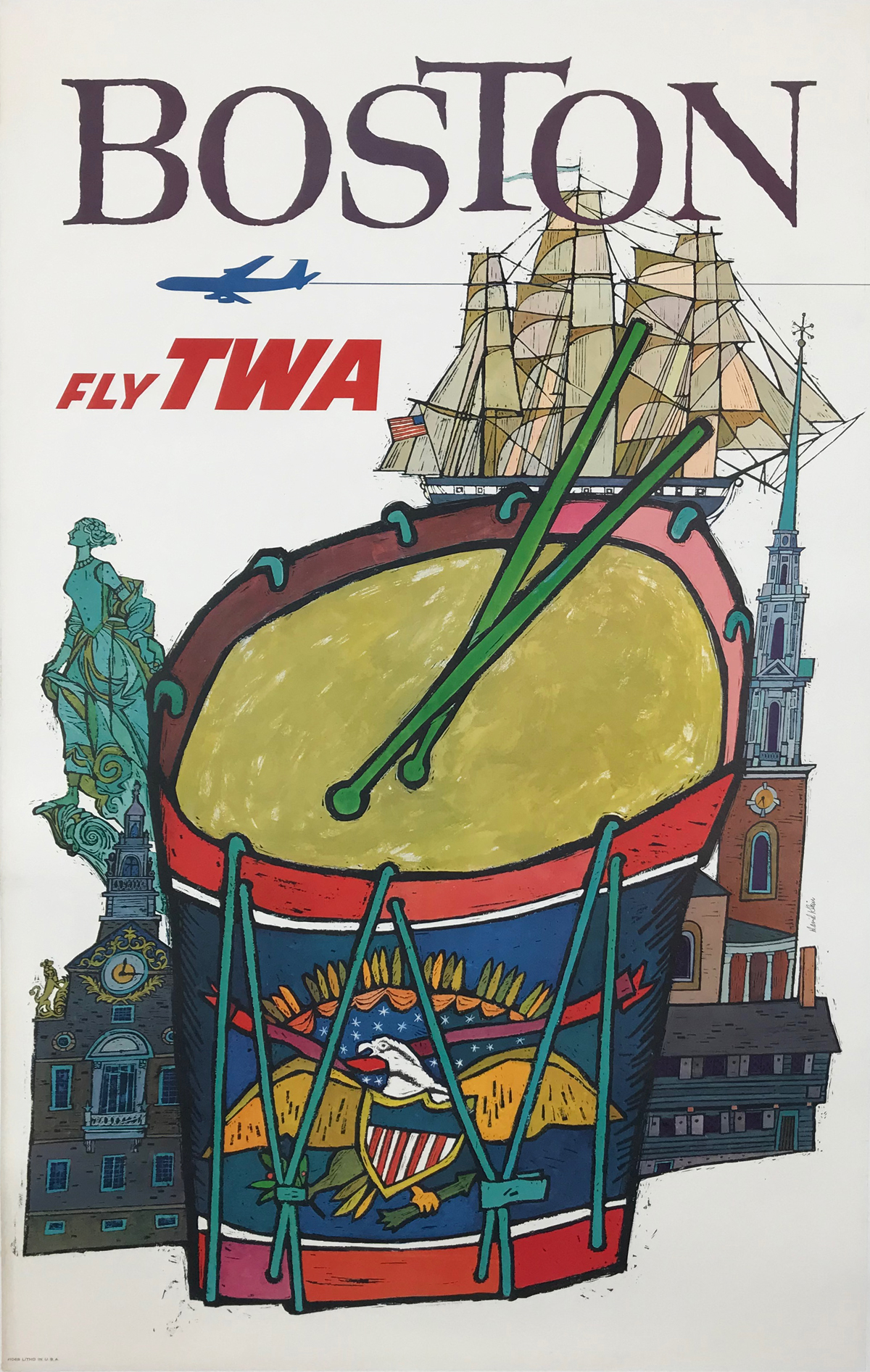 Fly TWA Boston Poster By David Klein Original 1960 Vintage American Passenger Airline Travel Lithograph Advertisement Linen Backed.