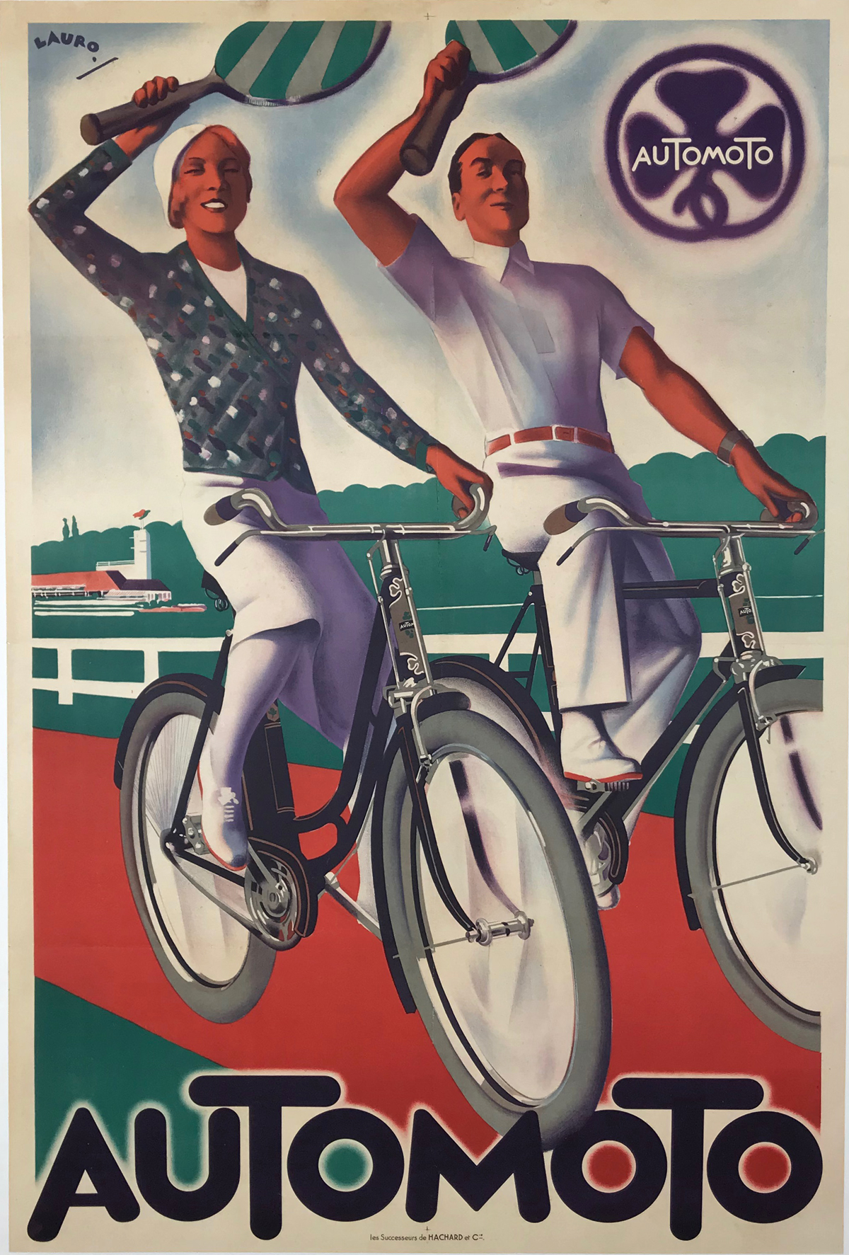Automoto original vintage cycles motorcycles poster from 1928 France by Lauro. Great art deco transportation advertisement.
