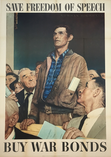 Save Freedom of Speech Buy War Bonds - Four Freedoms by Norman Rockwell - American original vintage poster from 1943.