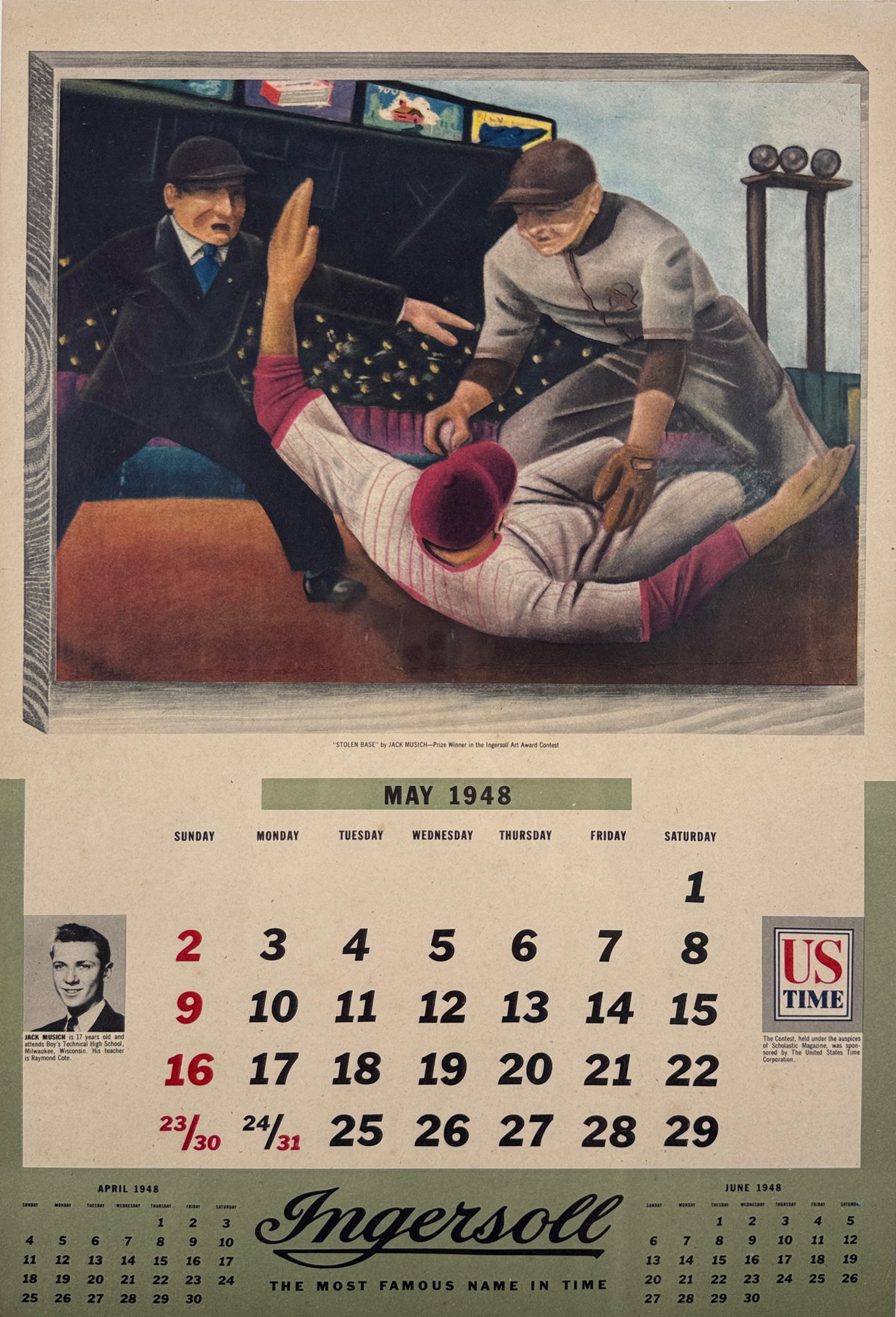 Stolen Base Calendar By J. Musich Original 1948 Vintage American Scholastic Magazine Lithograph Advertisement Linen Backed.
