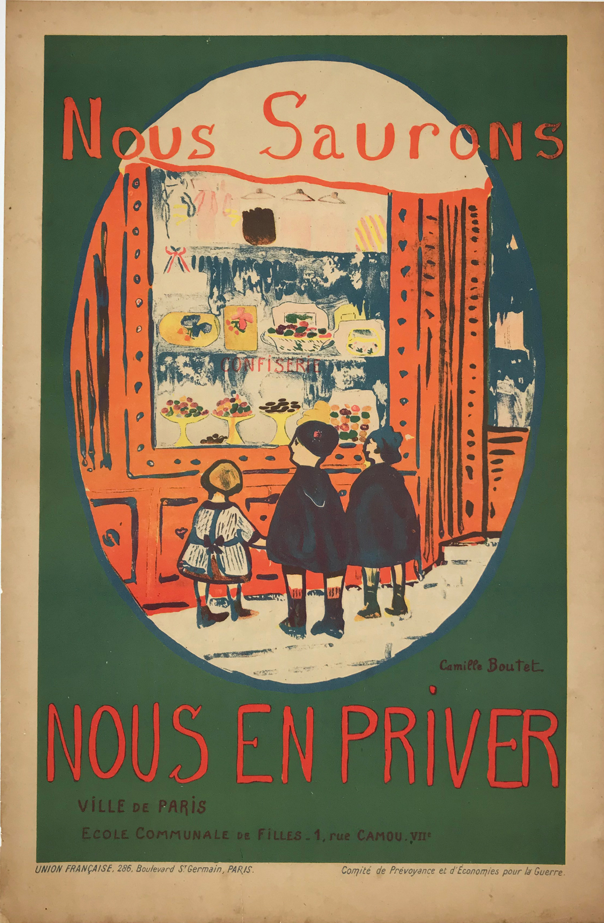 Nous Saurons (Candy Shop) original 1917 vintage poster by Camille Boutet. French School Children War Conservation Series (We will do without)