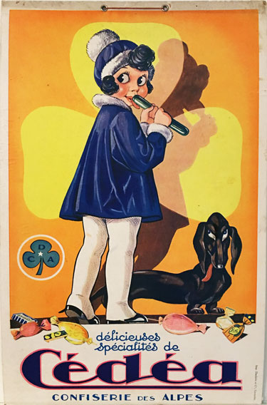 Cedea Confiserie Des Alpes (store display) original 1928 lithographic candy advertisement.