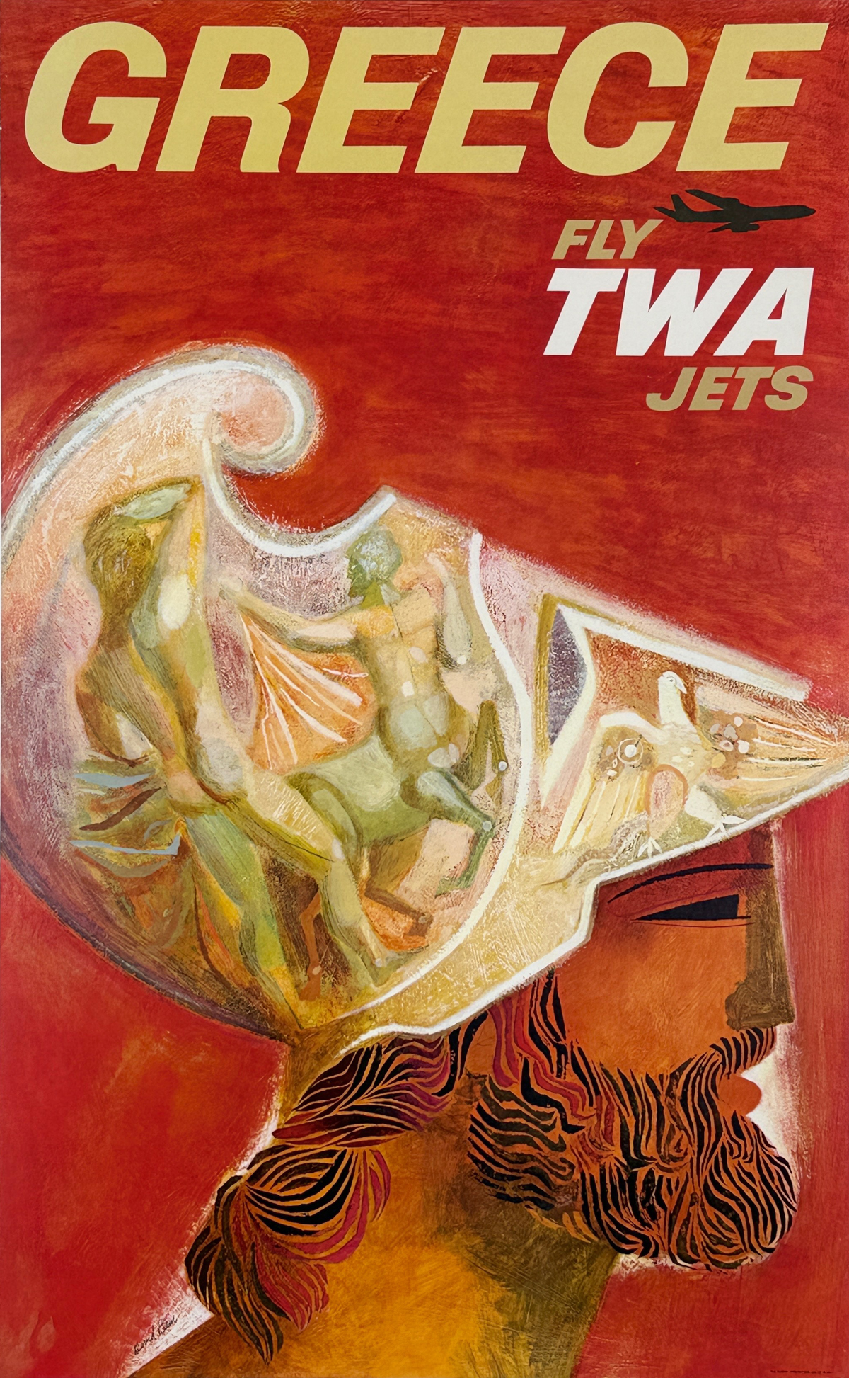 Fly TWA Jets Greece Poster By David Klein Original 1959 Vintage American Passenger Airline Travel Lithograph Advertisement Linen Backed.