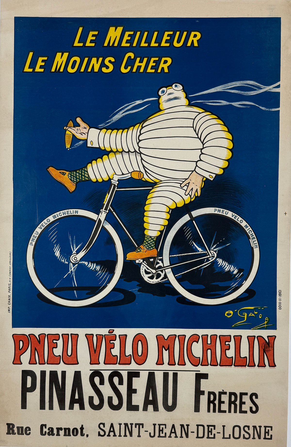Pneu Velo Michelin Le Meilleur Le Moins Cher Poster By O'Galop Original 1912 Vintage French Tire Company Stone Lithograph Advertisement Linen Backed.