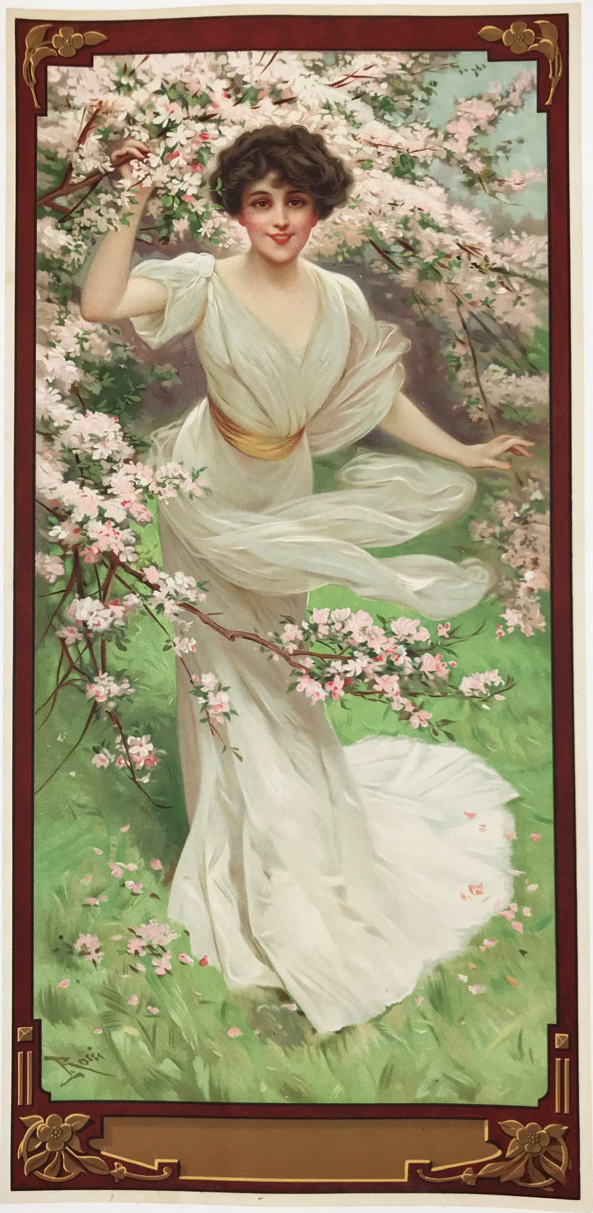 Blossoming Affection by Lucius Rossi Original 1905 Vintage French Printing Company Imp. F. Champenois, Paris Promotional Advertisement Stone Lithograph Antique Poster Linen Backed.