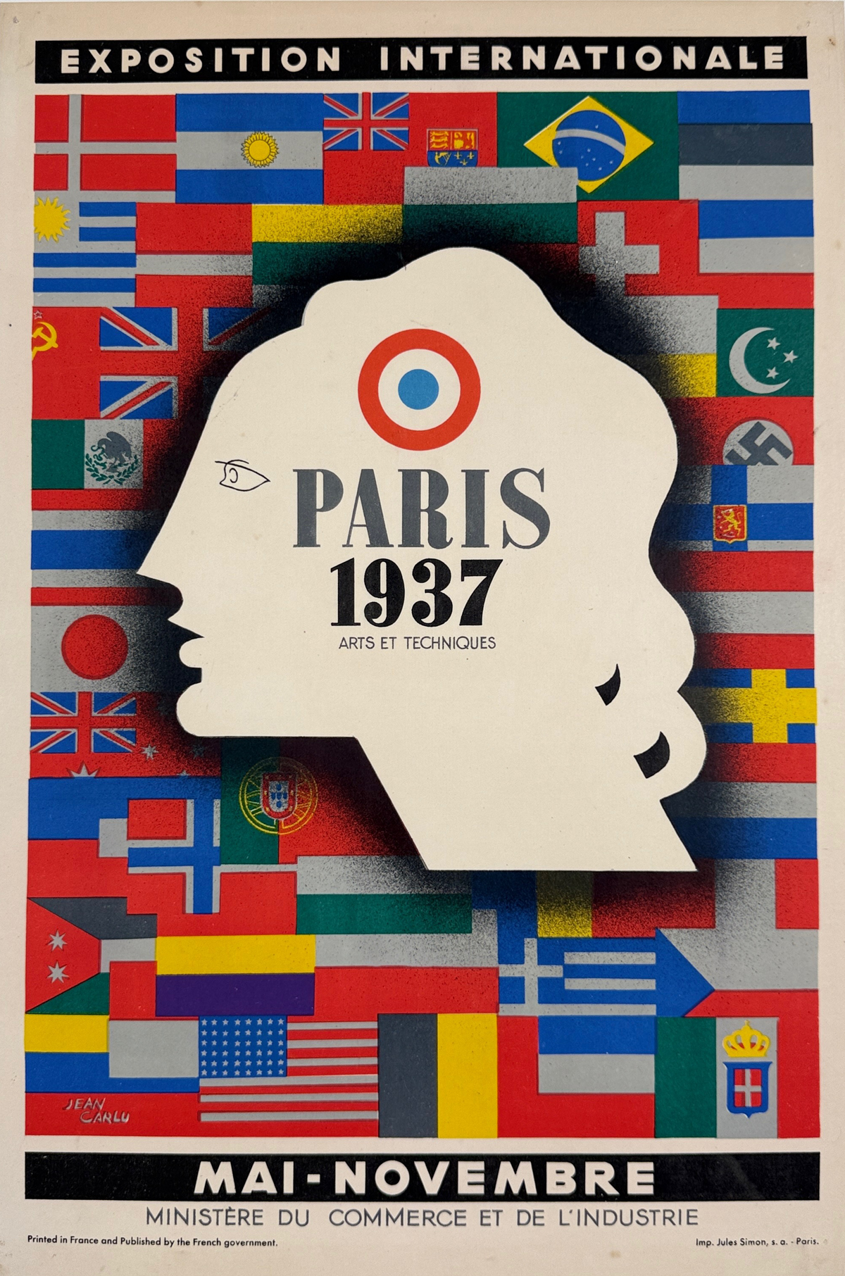Exposition Internationale Paris 1937 Poster By Jean Carlu Original 1937 Vintage French Worlds Fair Stone Lithograph Advertisement Linen Backed.