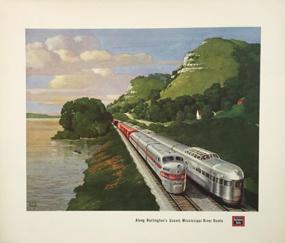 Burlington Route original vintage travel poster from 1957 by Leslie Ragan. Mississippi River Scenic Route American railroads advertisement.