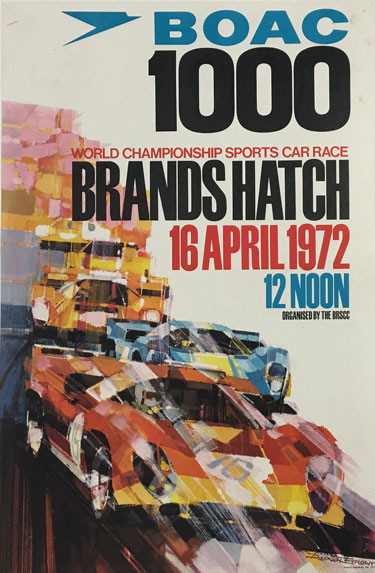 Original vintage advertising offset lithograph poster for the 1972 Brand Hatch race sponsored by BOAC by Dexter Brown.