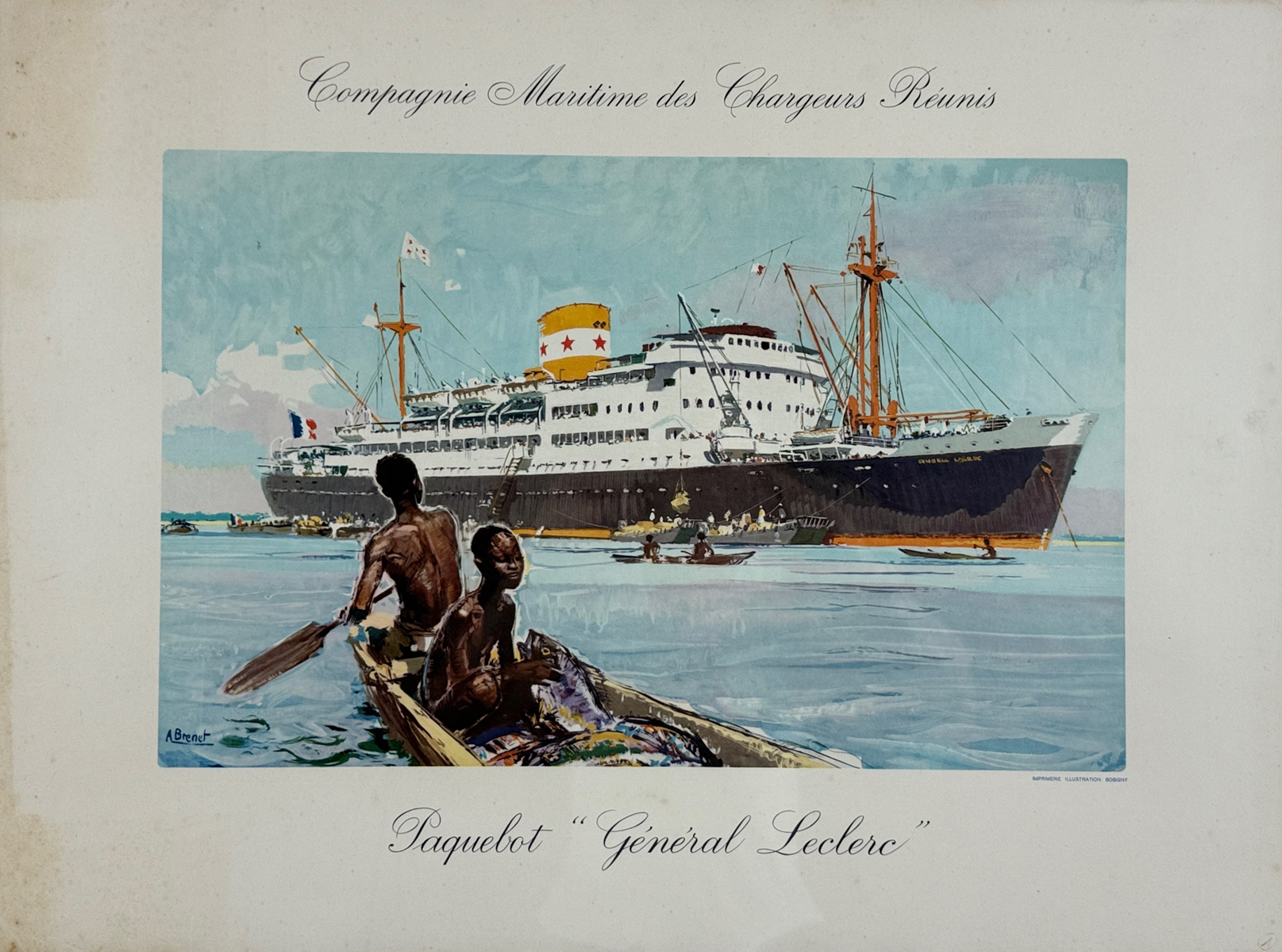 Compagnie Maritime Des Chargeurs Reunis - Paquebot General Leclerc Poster By Albert Brenet Original 1950 Vintage French Passenger Boat Lithograph Advertisement Linen Backed.