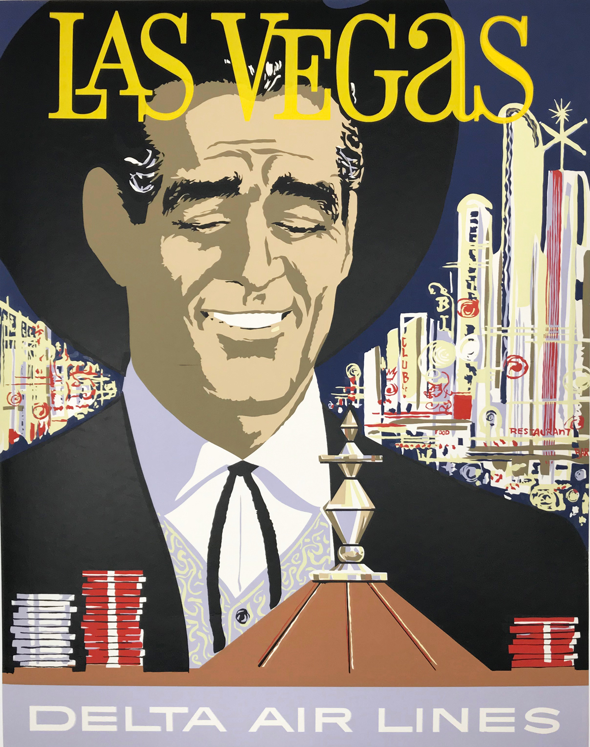 Delta Air Lines Las Vegas American original vintage poster from 1962 by John Hardy. Travel advertisement shows man looking at roulette game on a background off night city view.