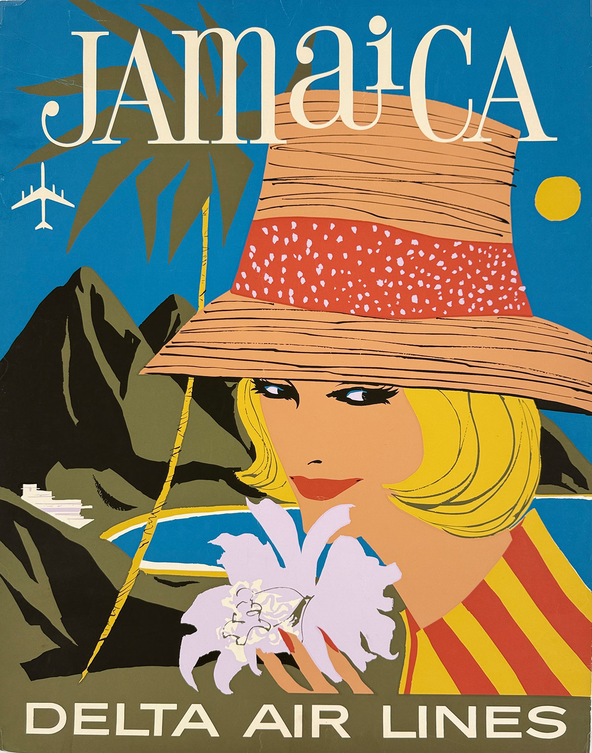 Delta Air Lines To Jamaica Poster By Tom Hardy Original 1965 Vintage USA Plane Travel Silkscreen Advertisement.