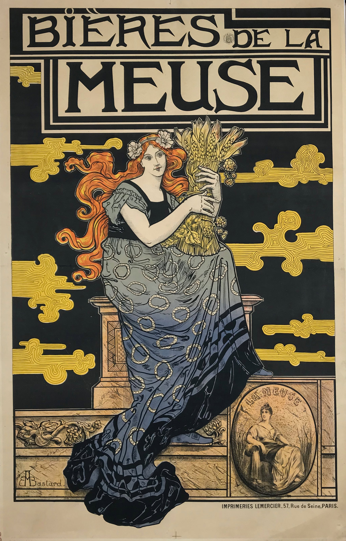 Bieres De La Meuse original vintage poster from 1896 France by artist Marc Auguste Bastard.