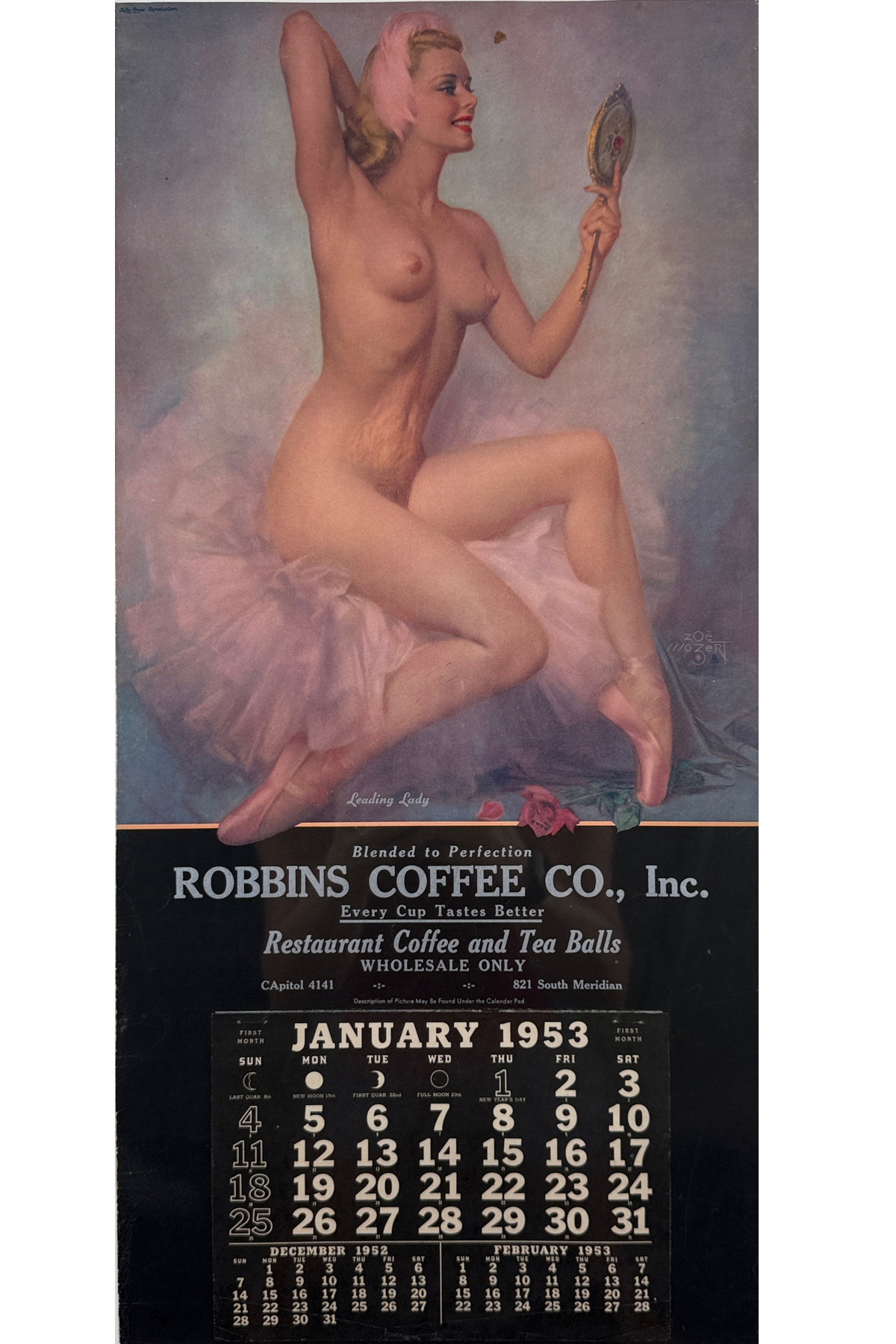 Leading Lady Pin Up Calendar Girl By Zoe Mozert Original 1953 Vintage American Coffee Company Lithograph Advertisement Linen Backed.