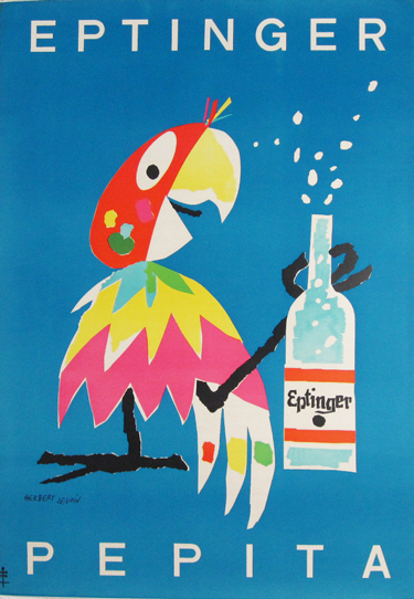 Eptinger Pepita original vintage Swiss poster from 1952 by artist Herbert Leupin. Large colorful parrot holding a bottle of lemonade on a blue background.