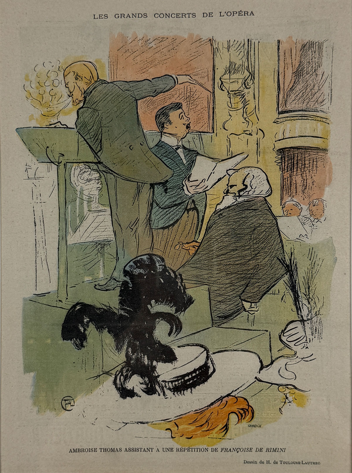 Les Grands Concerts De L'Opera Le Rire By Toulouse Lautrec Original 1896 Vintage French Humor Magazine Insert Linen Backed. The caption reads, "Ambroise Thomas attending a rehearsal of Françoise de Rimini".