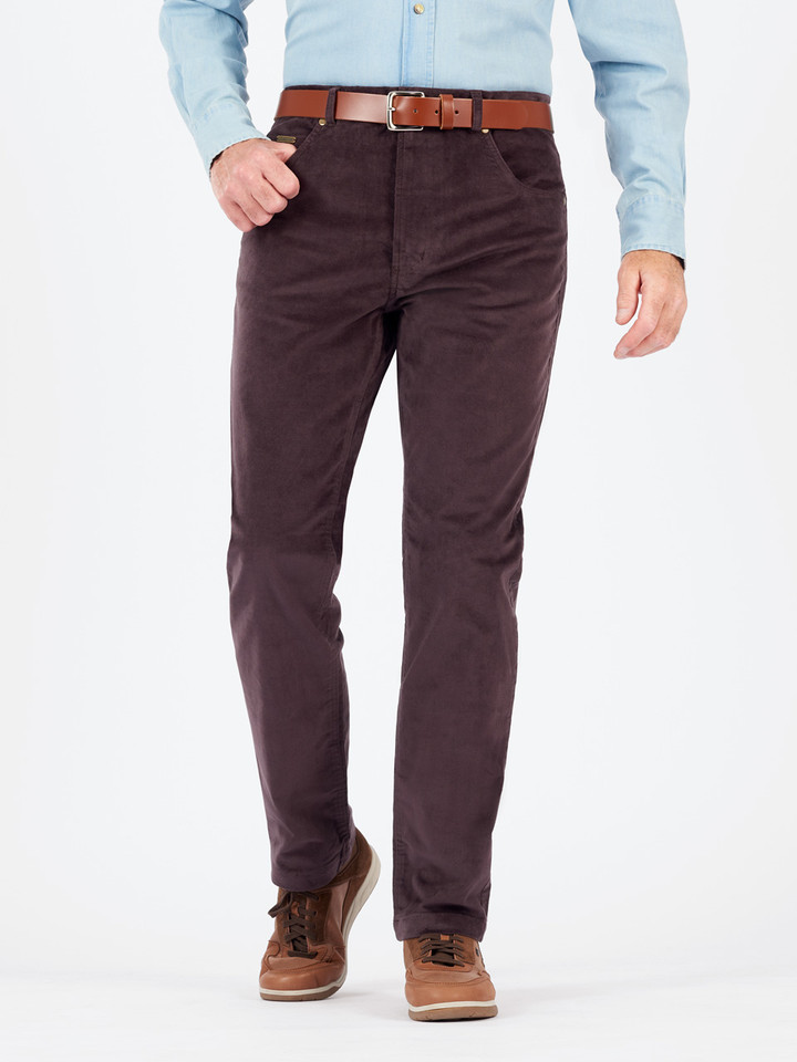 Model wears Men's Chocolate Brown Velveteen Jeans