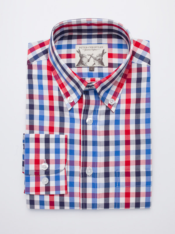 Button Down Red & Navy Ensign Check Long Sleeve Shirt Folded