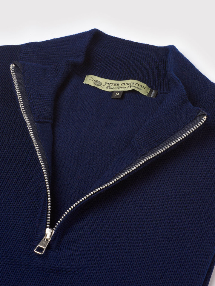 Men's Navy Blue Merino Zip-Neck Jumper Collar