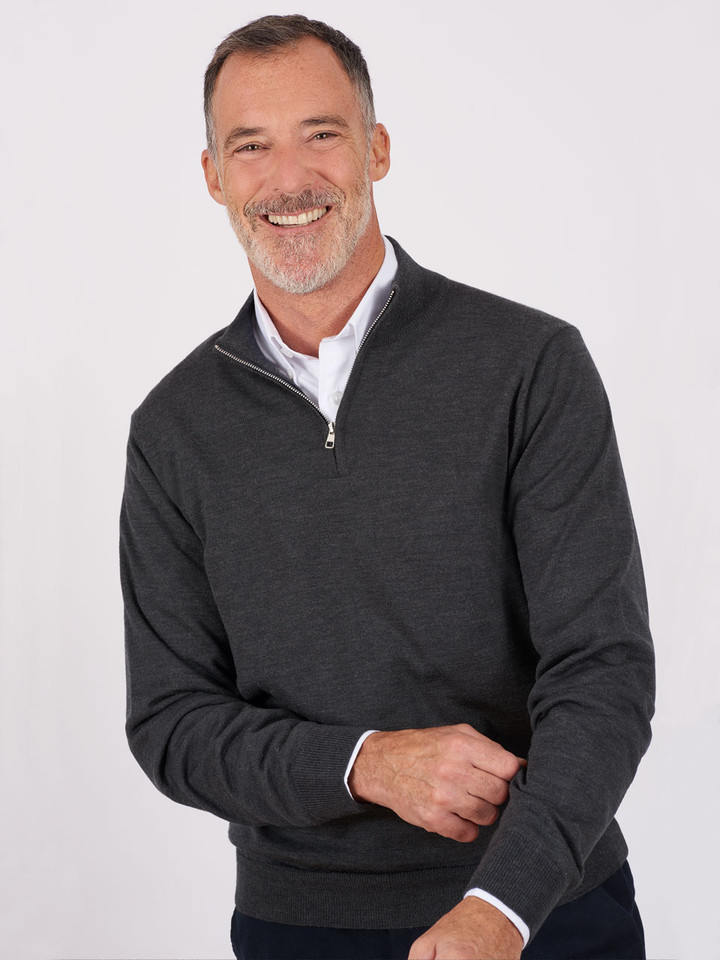Men's Gray Fine Merino Zip-Neck Jumper